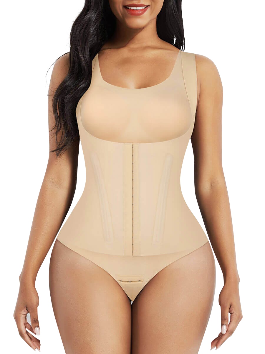 faux two-piece onesie with 4-in-one design: bra & panty & vest & cOrset in one garment.